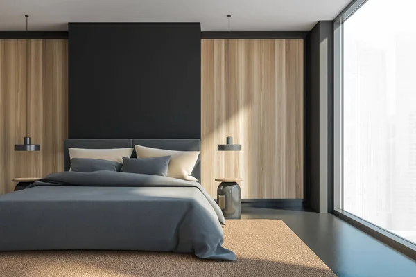 现代卧房的内部有灰色和木制的墙壁 窗户与莫斯科市全景 舒适的国王尺寸的床和两个舒适的床头柜 3D渲染 — 图库照片