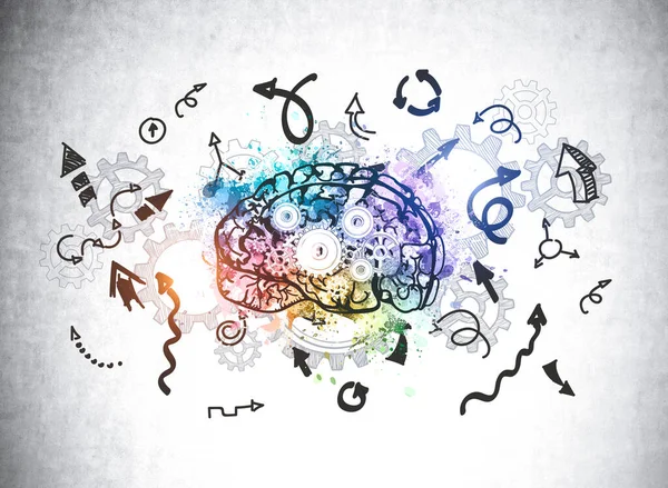 Человеческий Мозг Шестернями Иллюстрация Рисунок Бетонной Стене Несколькими Стрелками Разных — стоковое фото