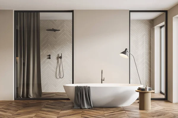 Intérieur Salle Bain Élégante Avec Murs Blancs Sol Bois Baignoire — Photo