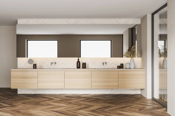 Inteiror Modern Bathroom White Wooden Walls Wooden Floor Double Sink — Stock Photo, Image