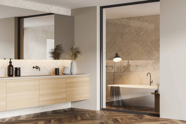 Ecke Des Modernen Badezimmers Mit Weißen Holzwänden Holzboden Doppelwaschbecken Und — Stockfoto