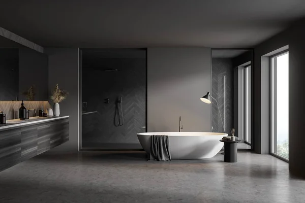 现代化浴室的内部有灰色的墙壁 石板地板 舒适的浴缸 双水池和淋浴间 3D渲染 — 图库照片