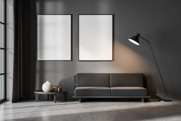 Moderne Wohnzimmereinrichtung Mit Couch Mit Couchtisch Auf Betonboden Lampe Und — Stockfoto