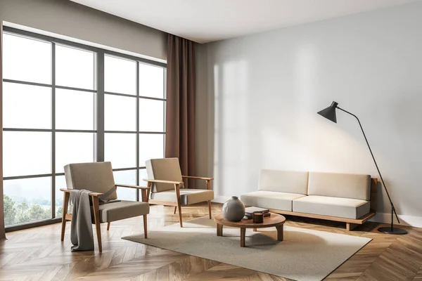Moderní Interiér Obývacího Pokoje Dvěma Židlemi Pohovkou Parketové Podlaze Lampou — Stock fotografie