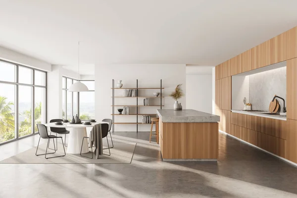 Interior Cozinha Moderna Com Paredes Brancas Madeira Piso Concreto Bar — Fotografia de Stock