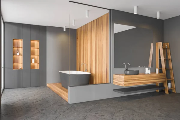 Grey Wooden Bathing Room Interior Bathtub Shelf Accessories Side View — Stock Photo, Image