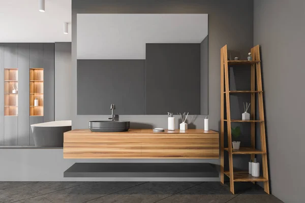 Intérieur Salle Bain Gris Bois Avec Évier Miroir Étagère Avec — Photo