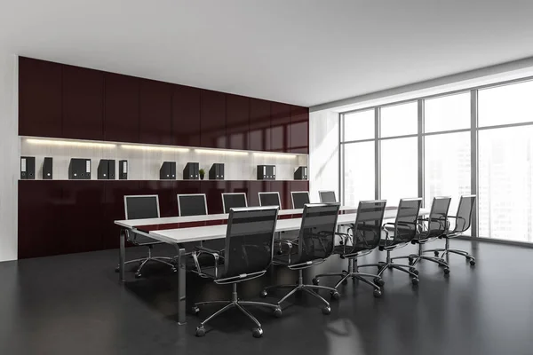 Esquina Elegante Sala Conferencias Oficina Con Paredes Blancas Suelo Gris —  Fotos de Stock