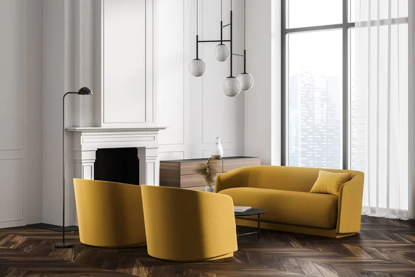 Classic white living room, office lounge or home library interior with two yellow armchairs, sofa and fireplace. Blurry cityscape window. Education and relaxed luxury passtime concept. 3d rendering