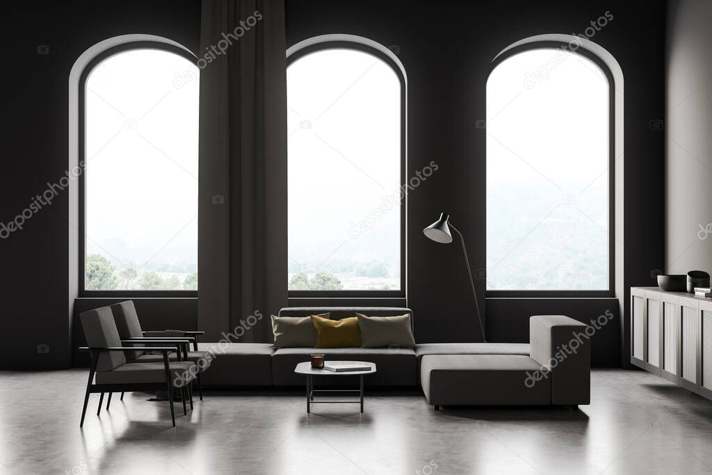 Modern living room interior with seats and couch, coffee table and commode with books and decoration, window with countryside. Minimalist reading room on concrete floor, 3D rendering no people