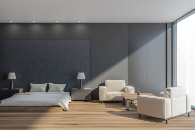 İçi gri yatak odası, yastıklar, parke döşemeler ve kahve masalı iki koltuk. Penceresi 3B olan uyku odasında kopyalama alanı