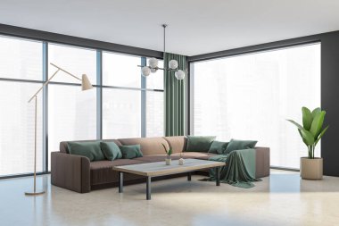 Minimalist dinlenme odası içinde yastıklı kahverengi kanepe ve ahşap sehpa, lamba ve bitki, yan görüş. Yeşil perdeli panoramik pencere, Singapur şehir manzaralı. 3B görüntüleme