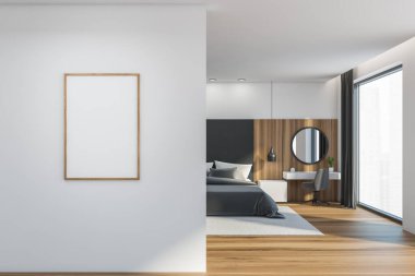 Yatak odasının içi aydınlık, yatak örtüleri ve yastıklar, ön manzara, şehir manzaralı parke zemin. Masalı ayna ve koltuk. Boşluk tuval çerçevesini kopyala, 3D, kimseyi görüntüleme