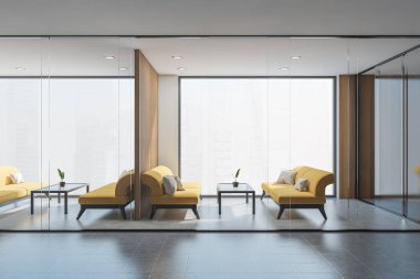 Beyaz ve ahşap duvarları, cam kapıları, rahat sarı kanepeleri ve cam masaları olan iki ofis bekleme odasının içinde. Moskova 'nın panoramik pencereleri. 3d oluşturma