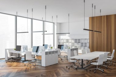 Beyaz ve ahşap duvarları olan modern ofisin köşesi, beyaz bilgisayar sıraları ve sağdaki toplantı odası. Şehir manzaralı dul. 3d oluşturma