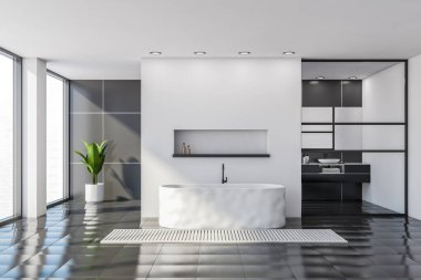 Beyaz ve gri duvarlı, fayansla döşenmiş, rahat banyo küveti ve siyah tezgahta lavabo. 3d oluşturma