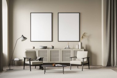 İçi aydınlık oturma odası iki koltuk ve kahve masası vazo ve dekorasyonlu ahşap tuvalet, halı ve parke zemin. Bej duvardaki boş bez çerçeve, 3B görüntüleme