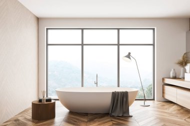 Minimalist beyaz ve ahşap banyo içi beyaz küvet, lavabo ve bulanık dağ manzaralı pencere. Lüks otel, rahatlama ve boş zaman konsepti. 3d oluşturma