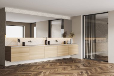 Beyaz ahşap duvarlı modern banyonun köşesi, ahşap zemin, çift lavabo ve duş kabini. Uzun yatay ayna. 3d oluşturma