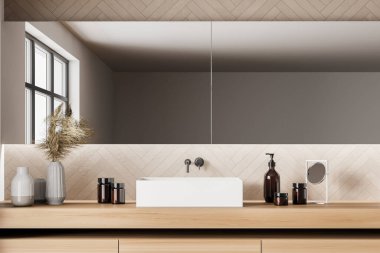 Minimalist beyaz ve ahşap banyo kare beyaz lavabo ve uzun yatay ayna ile yakın çekim. Lüks otel, rahatlama ve boş zaman konsepti. Bulanık görüşlü bir pencere. 3d oluşturma