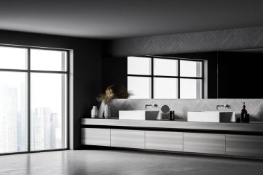 Minimalist gri ve koyu ahşap banyo köşesi beyaz çift lavabo ve uzun ayna. Lüks otel, rahatlama ve boş zaman konsepti. Bulanık şehir manzaralı bir pencere. 3d oluşturma