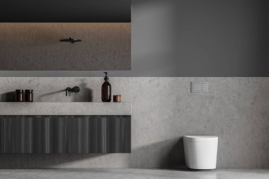 Lavabolu banyo, düğmeli tuvalet, siyah ahşap çekmece ve beton zemin. Modern, şık banyo odası. Aynalı, jöleli ve sabunlu. 3B görüntüleme
