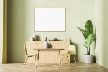 Ahşap zemin üzerinde iki koltuklu modern oturma odası, dekorasyonlu çekmece. Parke zemininde minimalist okuma odası. Boşluk tuval çerçevesini kopyala, 3B görüntüleme