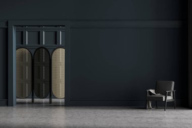 Villa oturma odasının iç dekorasyonundaki uzay modelleme duvarını, deniz duvarındaki gri mobilyaları, beton zemini, bir koltuğu kopyala. Rahatlama kavramı. 3d oluşturma