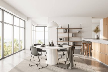 Beyaz ve ahşap duvarları olan şık bir mutfak, beton zemin, tabureli bar, yuvarlak yemek masası ve kitaplık. 3d oluşturma