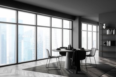 Gri duvarları, beton zemini, panoramik penceresi ve yuvarlak sandalyeli yuvarlak masası olan şık yemek odasının köşesi. 3d oluşturma