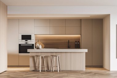 Beyaz ve ahşap duvarları, parke zemini, tabure ve dolapları olan şık bir mutfak. İç tasarım kavramı. 3d oluşturma