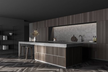 Gri ve ahşap duvarları olan şık bir mutfağın köşesi, koyu ahşap zemin tabanlı, tabureli ve kitaplıklı bir bar. 3d oluşturma