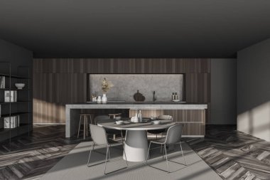 Modern mutfak manzarası gri ve ahşap duvarlar, koyu ahşap zemin tabureli bar, yuvarlak yemek masası ve kitaplık. 3d oluşturma