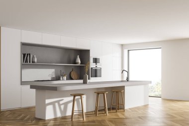 Masası ve üç bar sandalyesi olan beyaz mutfak odası, yan görüş, parke zemin. Kırsal kesimlerde penceresi olan aşçılık seti, lavabo ve mutfak gereçleri, 3D görüntüleme