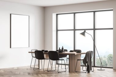 Beyaz duvarlı modern mutfağın köşesi, parke zemin, sandalyeli uzun yemek masası, büyük pencere ve poster. 3d oluşturma