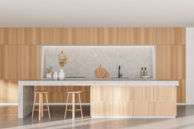 Beyaz ve ahşap duvarları, beton zemini, taburesi ve lavabosu ve ocağı olan dolapları olan modern mutfağın içi. 3d oluşturma