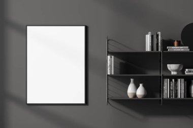 Yanında vazolar ve dikey poster şablonu asılı geleneksel gri kitaplıklar. Eğitim, okuma, kültür ve sanat takdir kavramı. 3d oluşturma
