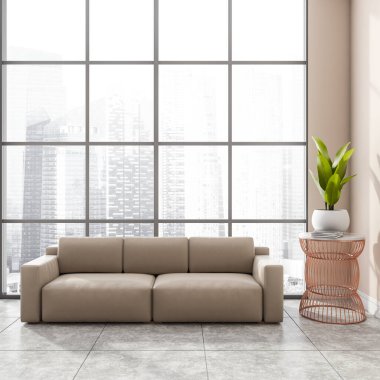 Gökdelen binasının içinde bej renkli deri kanepe ve seramik döşemesi olan modern ofis odası. Panoramik pencere. Singapur şehir manzarası. İnsan yok. 3d oluşturma