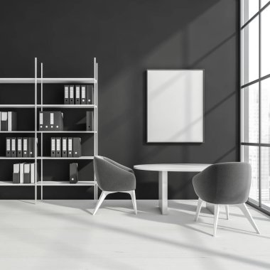 Tasarım koltuğu, beyaz yuvarlak masa, panoramik pencere çerçeveli poster, vinil zemin, klasör rafı olan modern boş ofis içi. İnsan yok. 3d oluşturma