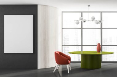 Gökdelen binasında, tasarım koltuğu, yeşil yuvarlak masa, çerçeveli beyaz poster, vinil zemin. Ahşap duvar. Panoramik pencere. İnsan yok. 3d oluşturma