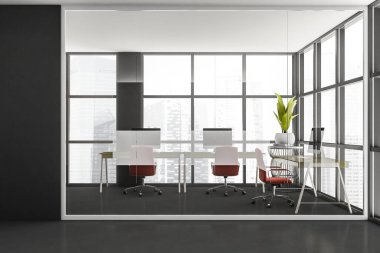 Gri duvarları ve zemini, panoramik pencereleri ve yanında kırmızı sandalyeler olan bilgisayar masaları olan çatı katı tarzı bir ofis. 3d oluşturma