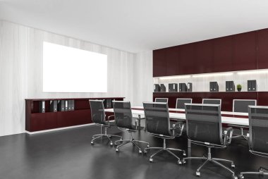 Beyaz duvarları, gri zemini, siyah sandalyeli uzun beyaz ve kahverengi masası ve klasörlü kitaplığı olan şık ofis konferans odasının köşesi. Yatay maket posteri. 3d oluşturma