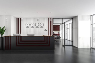 Siyah resepsiyon masası beyaz ahşap duvarlı şık bir ofiste duruyor. Siyah zemin ve saatler dünya başkentinin zamanlarını gösteriyor. Dikey maket posteri. 3d oluşturma