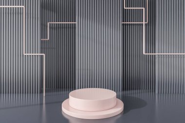 Gri boru hattı duvarları ve sanat objeleri, kozmetik ürünleri ve mücevherler için ürün yerleştirme platformu olan bir oda. Sanat sergisi, pazarlama ve reklam. 3D oluşturma maketi