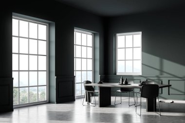 Beyaz duvarları, beton zemini, uzun masası ve üç büyük penceresi olan şık yemek odasının köşesi. 3d oluşturma