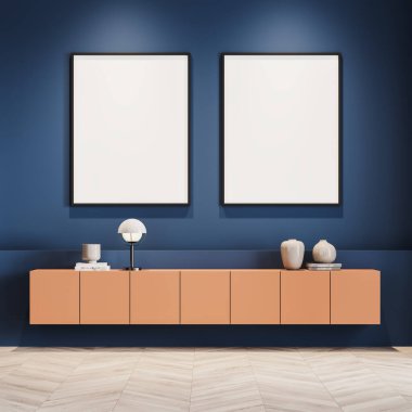 Mavi oturma odası, çalışma odası, ev kütüphanesinin içi. Ahşap zemin, üzerinde lamba olan turuncu kitap rafları ve iki dikey taklit poster. Eğitim, okuma, kültür ve sanat değerlendirme konsepti 3D yorumlama