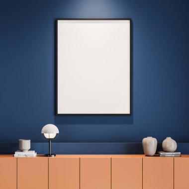 Mavi oturma odası, çalışma odası, ev kütüphanesinin içi. Üzerinde lamba olan turuncu kitaplıklar ve iki tane de dikey taklit poster. Eğitim, okuma, kültür ve sanat değerlendirme konsepti 3D yorumlama