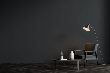 Gri duvarları, koyu ahşap zemini, gri koltuğu ve boş duvarları olan modern oturma odasının içi. 3d oluşturma