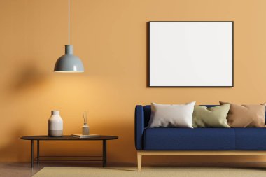 Turuncu duvarları, beton zemini, mavi koltuğu ve yatay poster çerçevesi olan şık bir oturma odası. 3d oluşturma