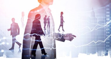 New York 'ta çeşitli iş adamları. Gökdelenler, borsa dinamikleri, çizgi çizelgesi, çift pozlama. Finansal danışman ve uluslararası danışmanlık kavramı. Şirket finansmanı